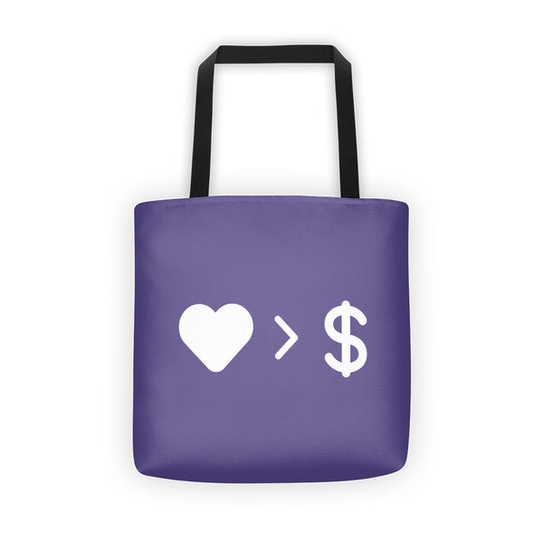 Love Greater Than Money Tote Bag (Purple) - Prints by Crusader